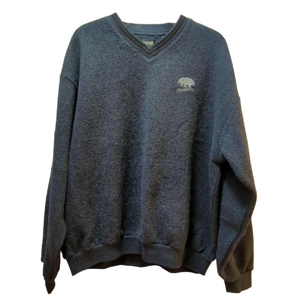Ping sweater L large Chicopee Woods Golf Course logo blue black fleece inner